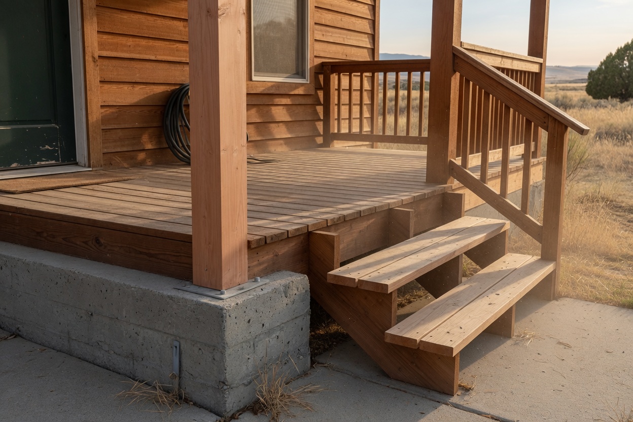 A new porch post on a concrete pier beside open stair stringers.